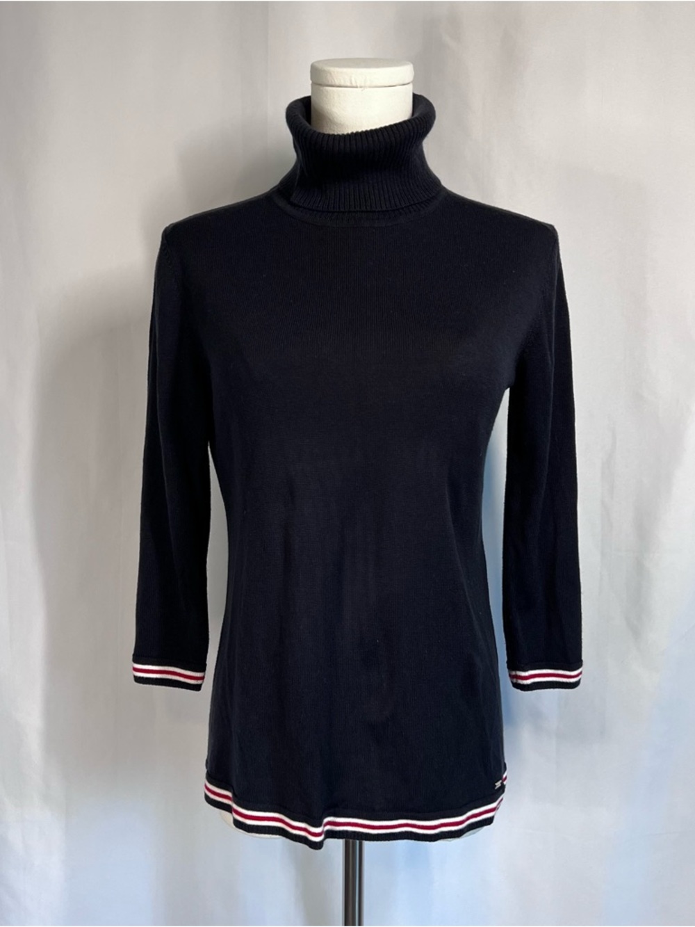 Tommy Hilfiger Navy Turtleneck Sweater with Red & White Stripe Trim
